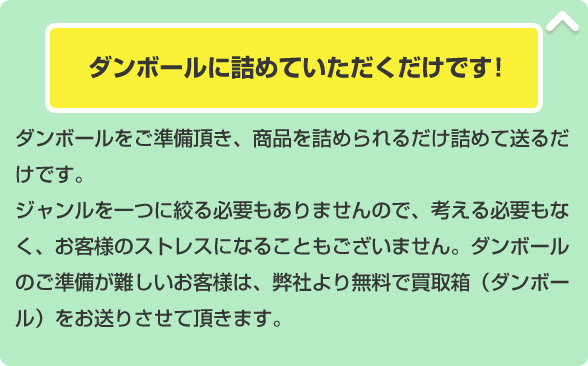 ダンボールに詰めていただくだけです！ ダンボールをご準備頂き、商品を詰められるだけ詰めて送るだけです。ジャンルを一つに絞る必要もありませんので、考える必要もなく、お客様のストレスになることもございません。ダンボールのご準備が難しいお客様は、弊社より無料で買取箱（ダンボール）をお送りさせて頂きます。
