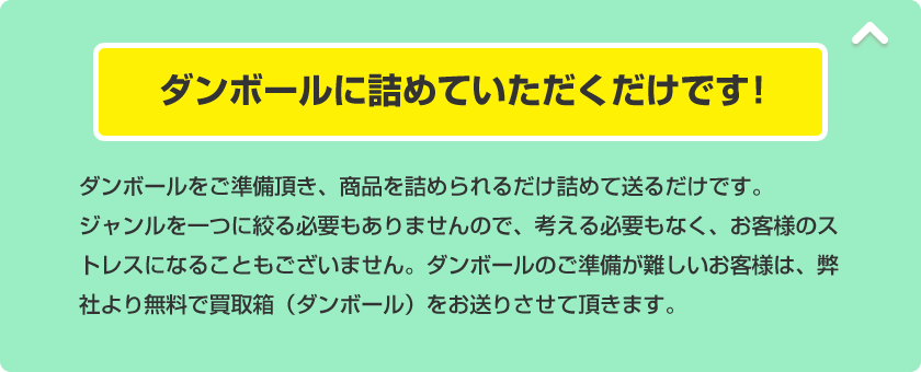 ダンボールに詰めていただくだけです！ ダンボールをご準備頂き、商品を詰められるだけ詰めて送るだけです。ジャンルを一つに絞る必要もありませんので、考える必要もなく、お客様のストレスになることもございません。ダンボールのご準備が難しいお客様は、弊社より無料で買取箱（ダンボール）をお送りさせて頂きます。