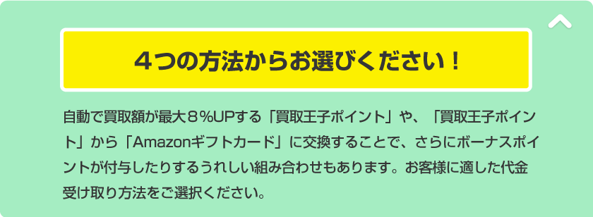 ４つの方法からお選びください！ 自動で買取額が最大８％UPする「買取王子ポイント」や、「買取王子ポイント」から「Amazonギフトカード」に交換することで、さらにボーナスポイントが付与したりするうれしい組み合わせもあります。お客様に適した代金受け取り方法をご選択ください。
