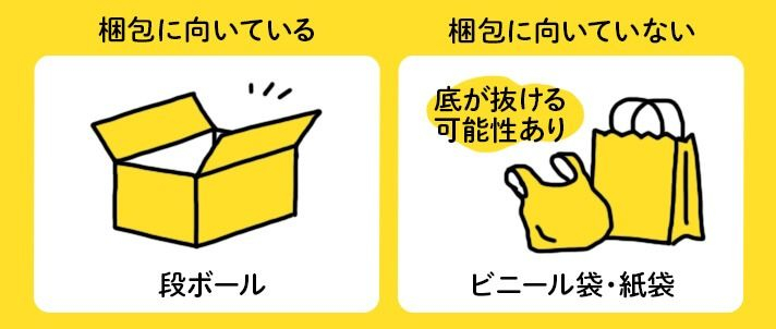 段ボールは梱包に向いていますが、ビニール袋や紙袋は梱包に向いていません
