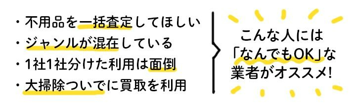 不用品を一括査定をしてほしい人や、ジャンルが混在している人にはなんでもOKな業者がオススメ！