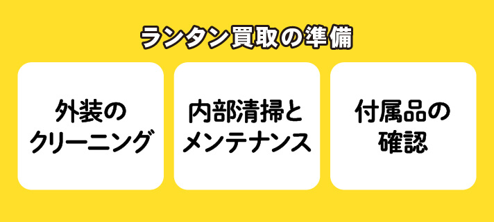 ランタン買取の準備：「外装のクリーニング」「内部清掃とメンテナンス」「付属品の確認」