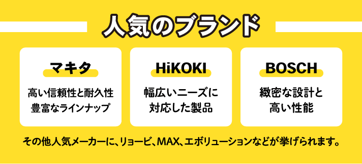 人気のブランド：マキタ 高い信頼性と耐久性 豊富なラインナップ/HiKOKI 幅広いニーズに対応した製品/BOSCH 精密な設計と高い性能/リョービ/MAX/エボリューションなど