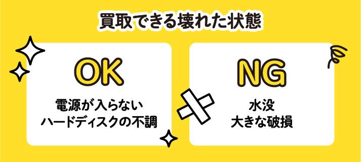 買取できる壊れた状態「OK」電源が入らない、ハードディスクの不調「NG」水没、大きな破損