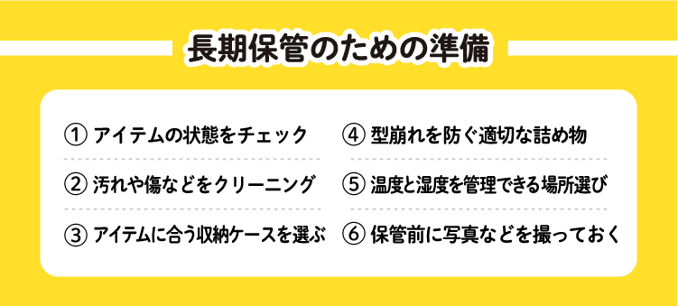 長期保存のための準備　1アイテムの状態をチェック　2汚れや傷などをクリーニング　3 アイテムに合う収納ケースを選ぶ　4型崩れを防ぐ適切な詰め物　5温度と湿度を管理できる場所選び　6 保管前に写真などを撮っておく