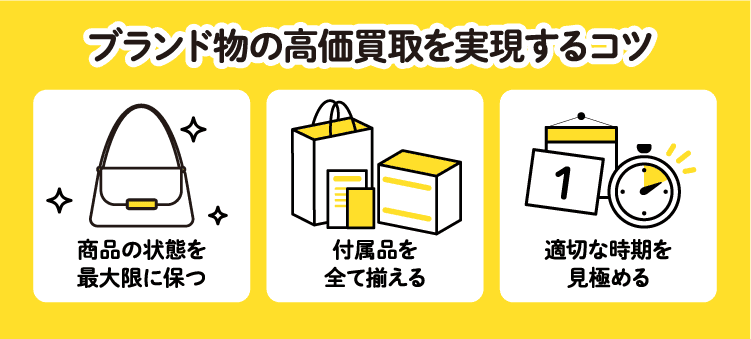 ブランド物の高価買取を実現するコツ　商品の状態を最大限に保つ　付属品を全て揃える　適切な時間を見極める