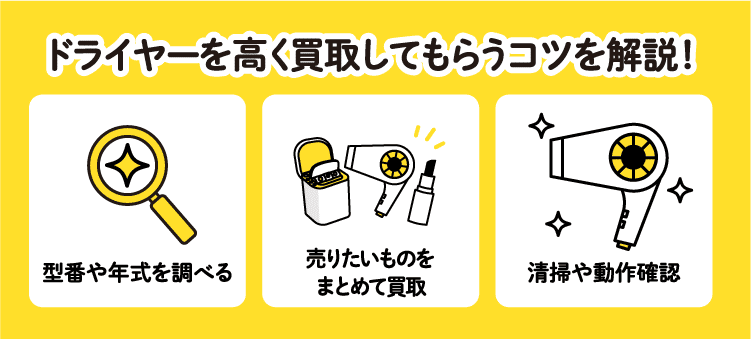 ドライヤーを高く買取してもらうコツを解説！　型番や年式を調べる　売りたいものをまとめて買取　清掃や動作確認
