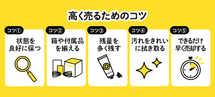 高く売るためのコツ：コツ①状態を良好に保つ/コツ②箱や付属品を揃える/コツ③残量を多く残す/コツ④汚れをきれいに拭き取る/コツ⑤できるだけ早く売却する