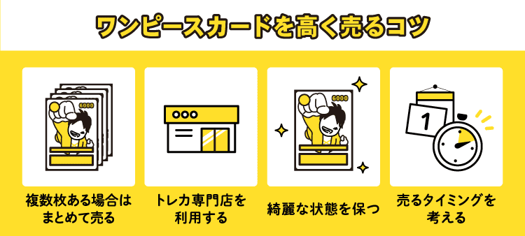 ワンピースカードを高く売るコツ：複数枚ある場合はまとめて売る/トレカ専門店を利用する/綺麗な状態を保つ/売るタイミングを考える