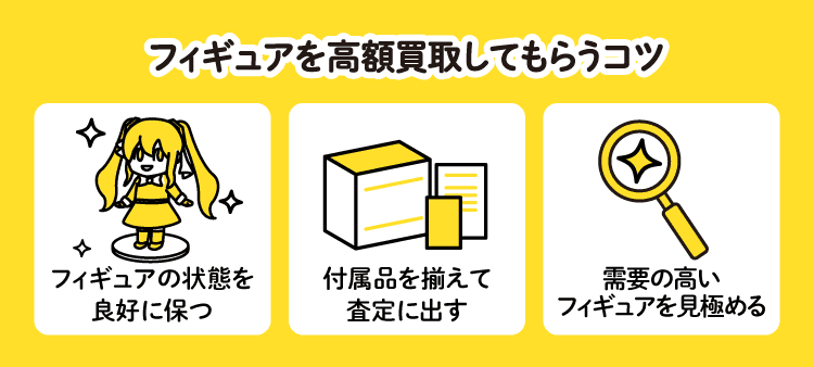 フィギュアを高額買取してもらうコツ：フィギュアの状態を良好に保つ/付属品を揃えて査定に出す/需要の高いフィギュアを見極める