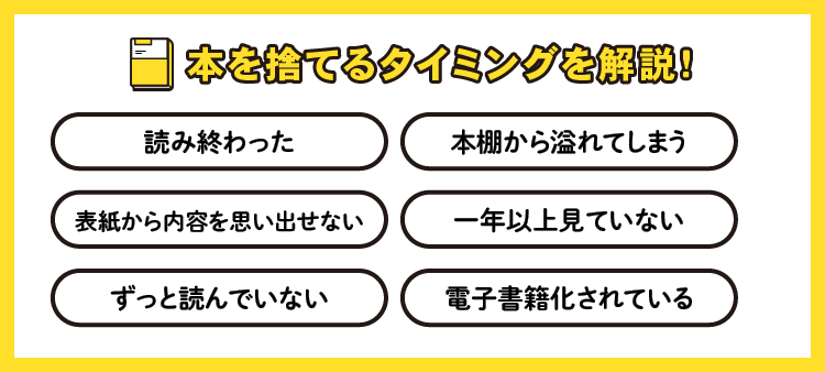 本を捨てるタイミングを解説！：読み終わった/表紙から内容を思い出せない/ずっと読んでいない/本棚から溢れてしまう/一年以上見ていない/電子書籍化されている