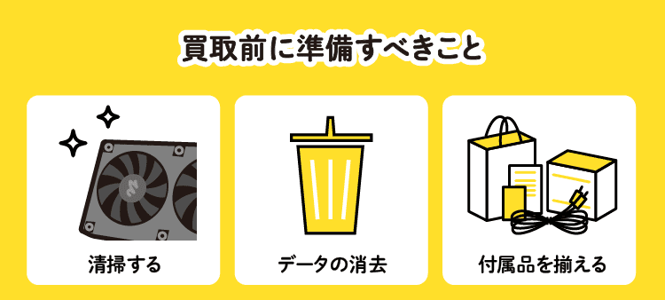 買取前に準備すべきこと：清掃する / データの消去 / 付属品を揃える
