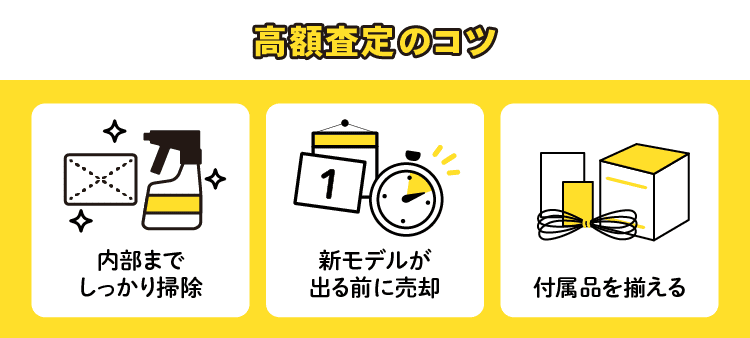 高額査定のコツ：内部までしっかり掃除/新モデルが出る前に売却/付属品を揃える