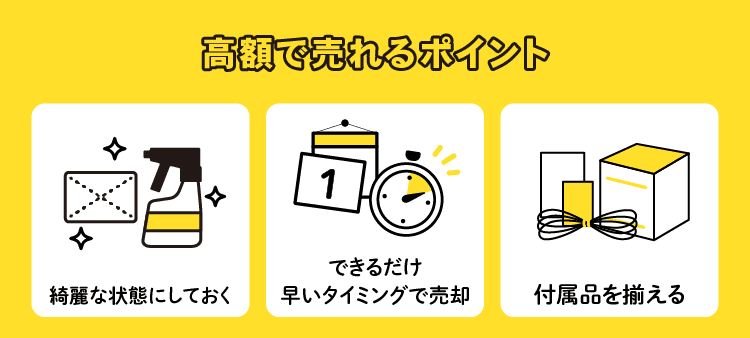 高額で売れるポイント：綺麗な状態にしておく/できるだけ早いタイミングで売却/付属品を揃える