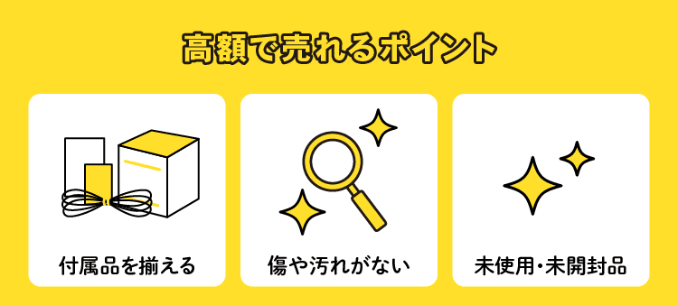 高額で売れるポイント：付属品を揃える/傷や汚れがない/未使用・未開封