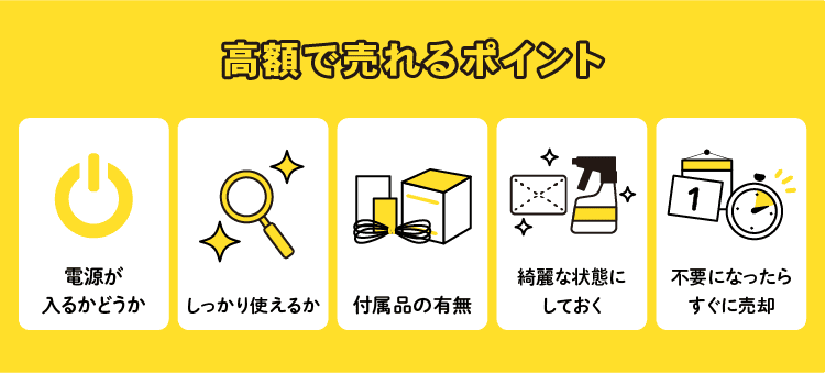 高額で売れるポイント：電源が入るかどうか/しっかり使えるか/不足品の有無/綺麗な状態にしておく/不要になったらすぐ売却