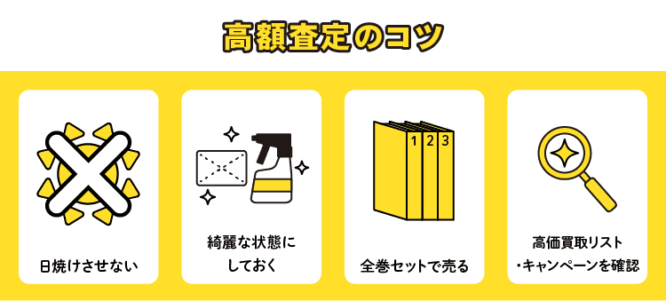高額査定のコツ：日焼けさせない/綺麗な状態にしておく/全巻セットで売る/高価買取リスト・キャンペーンを確認