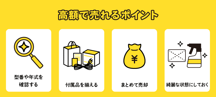 高額で売れるポイント：型番や年式を確認する/付属品を揃える/まとめて売却/綺麗な状態にしておく