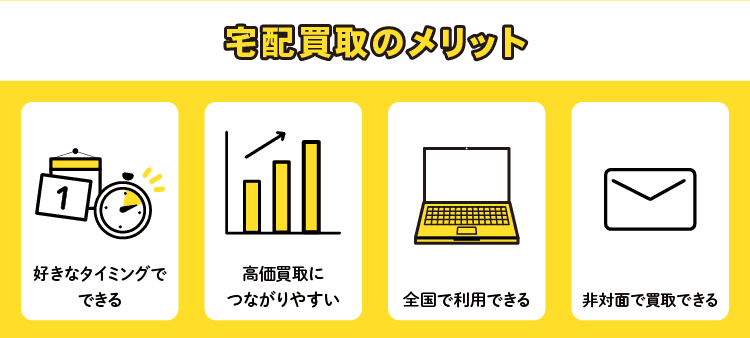宅配買取のメリット：好きなタイミングでできる/高価買取につながりやすい/全国で利用できる/非対面で買取できる