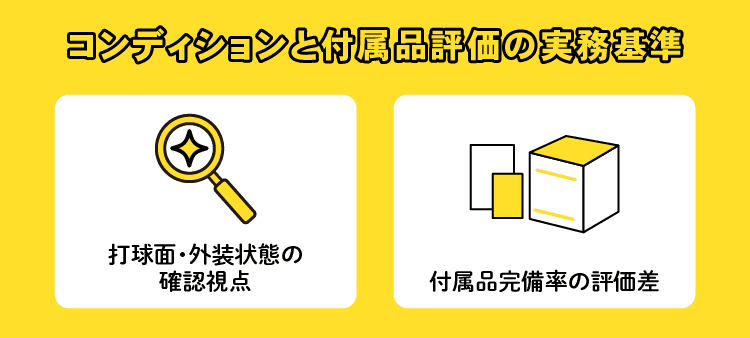 コンディションと付属品評価の実務基準：打球面・外装状態の確認視点/付属品完備率の評価差