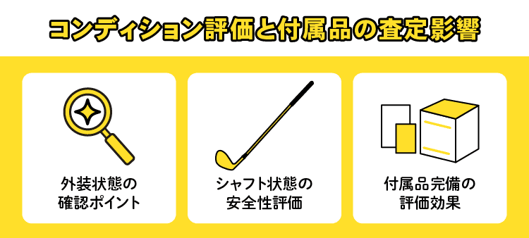 コンディション評価と付属品の査定影響：外装状態の確認ポイント/シャフト状態の安全性評価/付属品完備の評価効果