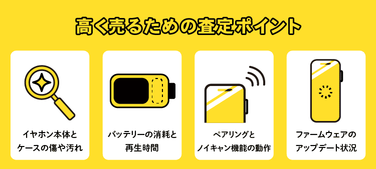 高く売るための査定ポイント：イヤホン本体とケースの傷や汚れ/バッテリーの消耗と再生時間/ペアリングとノイキャン機能の動作/ファームウェアのアップデート状況