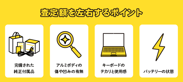 査定額を左右するポイント：完備された純正付属品/アルミボディの傷や凹みの有無/キーボードのテカリと使用感/バッテリーの状態
