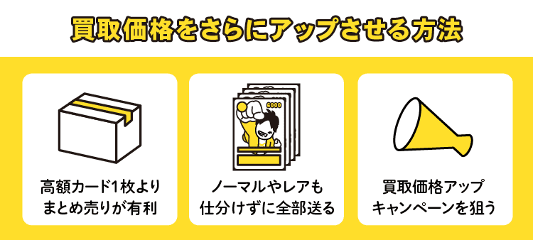 買取価格をさらにアップさせる方法：高額カード1買取価格アップキャンペーンを狙う枚よりまとめ売りが有利/ノーマルやレアも仕分けずに全部送る/