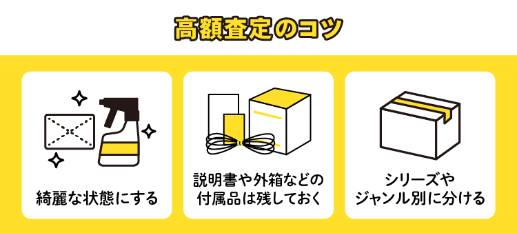 高額査定のコツ：綺麗な状態にする/説明書や外箱などの付属品は残しておく/シリーズやジャンル別に分ける