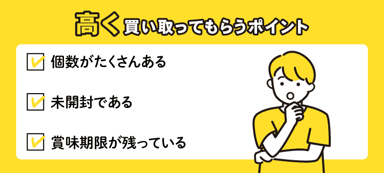 高く買い取ってもらうポイント　☑個数がたくさんある　☑未開封である　☑賞味期限が残っている