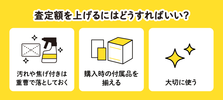 査定額を上げるにはどうすればいい？：汚れや焦げ付きは重曹で落としておく/購入時の付属品を揃える/大切に使う