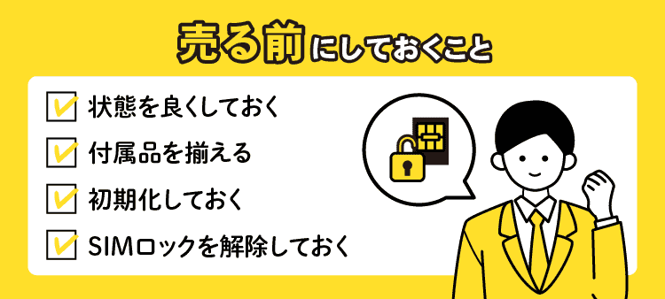売る前にしておくこと　☑状態を良くしておく　☑付属品を揃える　☑初期化しておく　☑ＳＩＭロックを解除しておく