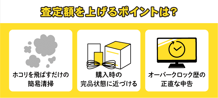 査定額を上げるポイントは？　ホコリを飛ばすだけの簡易清掃　購入時の完品状態に近づける　オーバーロック歴の正直な申告