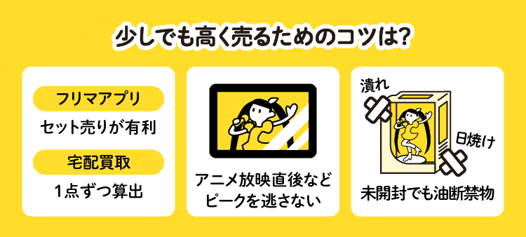 少しでも高く売るためのコツは？：フリマアプリ セット売りが有利/宅配買取 1点ずつ算出/アニメ放映直後などピークを逃さない/未開封でも油断禁物