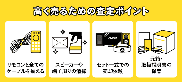 高く売るための査定ポイント：リモコンと全てのケーブルを揃える/スピーカーや端子周りの清掃/セット一式での売却依頼/元箱・取扱説明書の保管