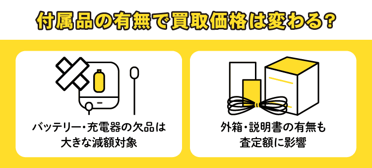 付属品の有無で買取価格は変わる？：バッテリー・充電器の欠品は大きな減額対象/外箱・説明書の有無も査定額に影響