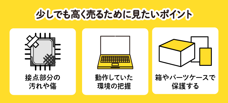 少しでも高く売るために見たいポイント:接点部分の汚れや傷/動作していた環境の把握/箱やパーツケースで保護する