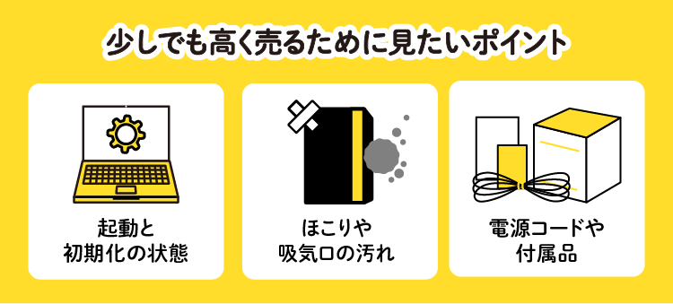 少しでも高く売るために見たいポイント:起動と初期化の状態/ほこりや吸気口の汚れ/電源コードや付属品