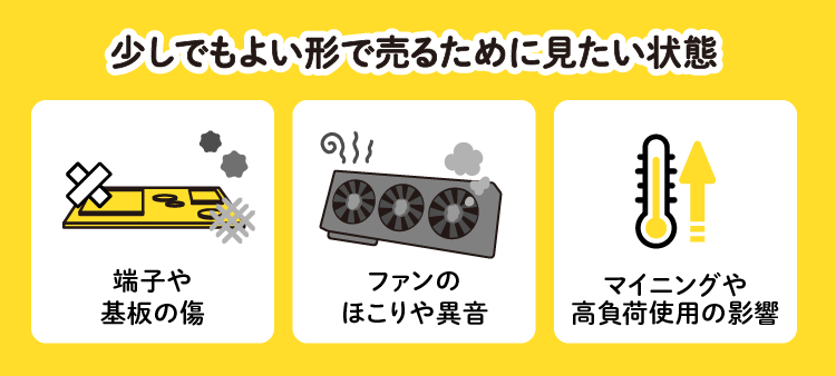 少しでもよい形で売るために見たい状態:端子や基板の傷/ファンのほこりや異音/マイニングや高負荷使用の影響