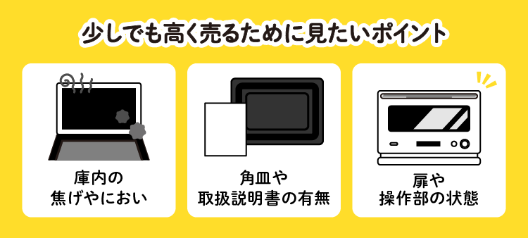 少しでも高く売るために見たいポイント:庫内の焦げやにおい/角皿や取扱説明書の有無/扉や操作部の状態