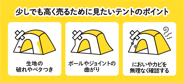 少しでも高く売るために見たいテントのポイント:生地の破れやベタつき/ポールやジョイントの曲がり/においやカビを無理なく確認する