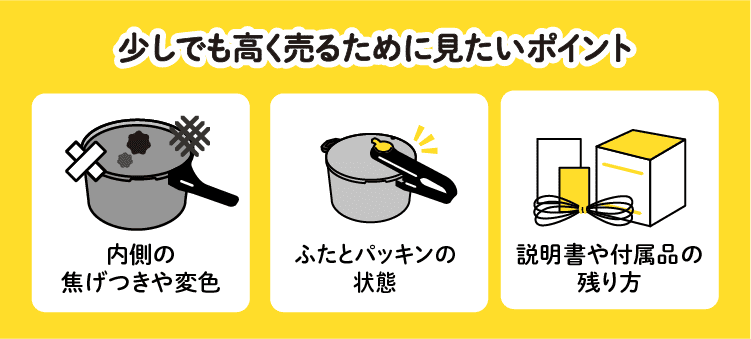 少しでも高く売るために見たいポイント:内側の焦げつきや変色/ふたとパッキンの状態/説明書や付属品の残り方