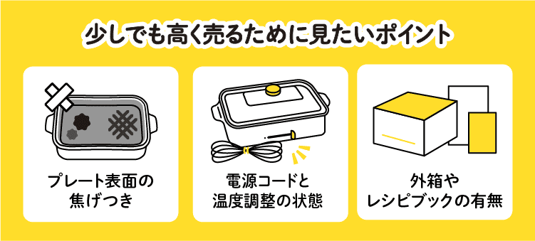 少しでも高く売るために見たいポイント:プレート表面の焦げつき/電源コードと温度調整の状態/外箱やレシピブックの有無