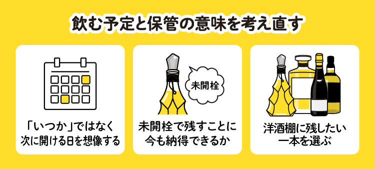 飲む予定と保管の意味を考え直す：「いつか」ではなく、次に開ける日を想像する・未開栓で残すことに、今も納得できるか・洋酒棚に残したい一本を選ぶ