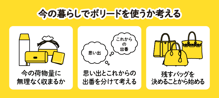 今の暮らしでボリードを使うか考える：今の荷物量に無理なく収まるか・思い出とこれからの出番を分けて考える・残すバッグを決めることから始める
