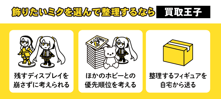 飾りたいミクを選んで整理するなら買取王子：残すディスプレイを崩さずに考えられる・ほかのホビーとの優先順位を考える・整理すると決めたフィギュアを、自宅から送る